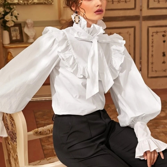 SHEIN Tops - NWOT Victorian Tie Neck Lantern Sleeve Ruffled Blouse XS(2)